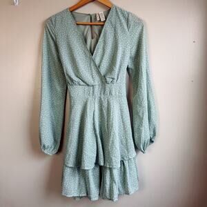 Japna Sage Green Polka Dot Tiered Mini Dress Size Medium